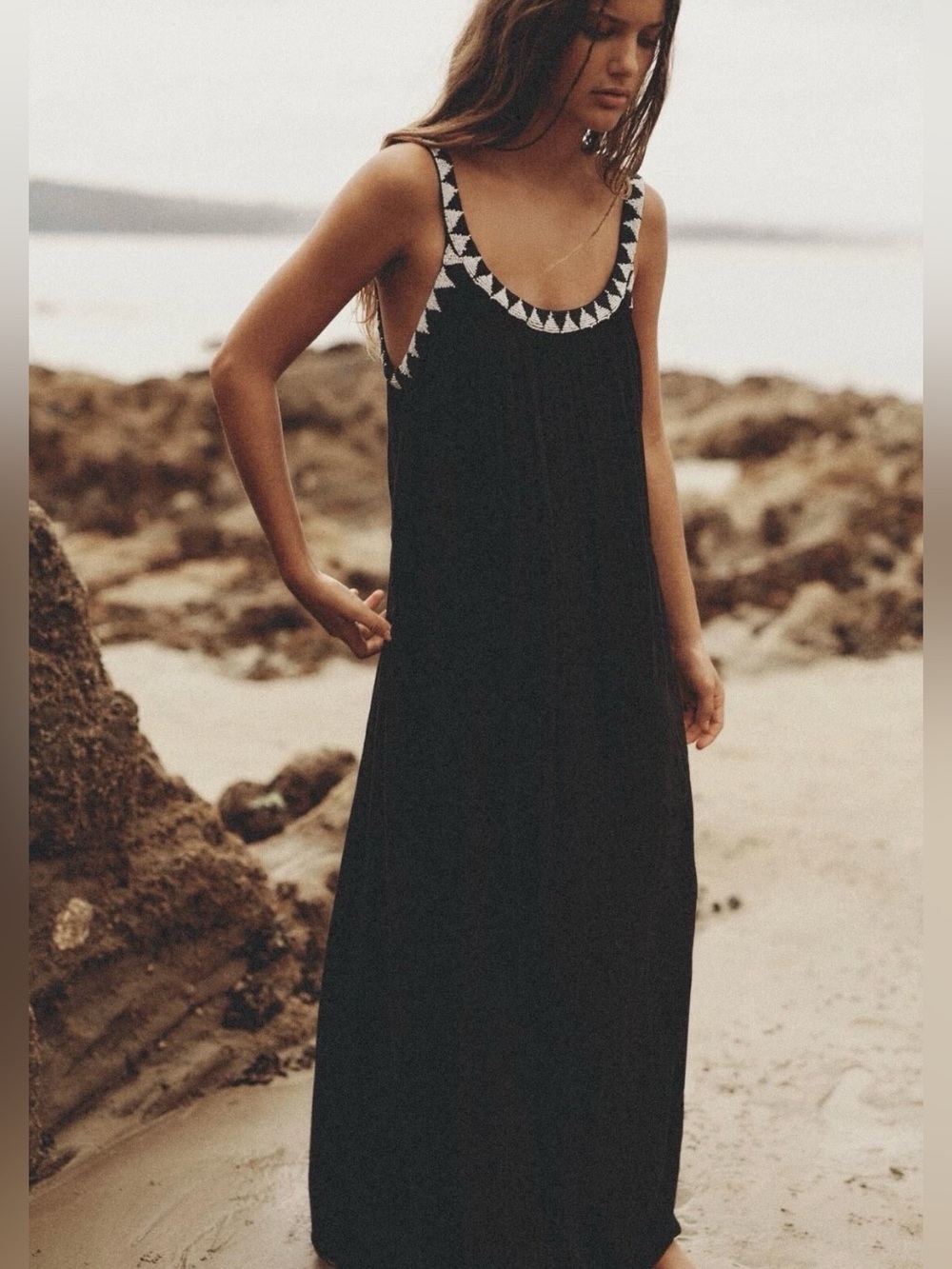 ZARA Aztec BEADED Neckline Black Cotton Maxi DRESS Size XS Flowy Beach Summer